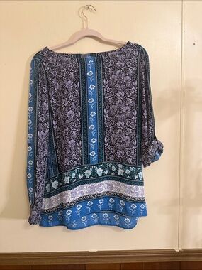 LOFT Outlet Blue Purple Floral Border Print Roll Tab Sleeve Blouse Small
